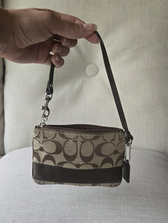 Coach Handbags - Coach Signature Jacquard Canvas Wristlet Brown Tan Mini Clutch